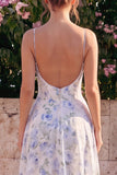 A-Line Blue Flower Chiffon Spaghetti Straps Backless Maxi Dress with Ruffles