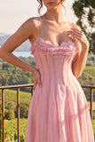 A-Line Blue Flower Chiffon Spaghetti Straps Backless Maxi Dress with Ruffles