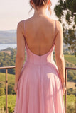 A-Line Blue Flower Chiffon Spaghetti Straps Backless Maxi Dress with Ruffles