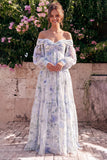 Off the Shoulder Blue Flower Chiffon A-Line Maxi Dress with Long Sleeves