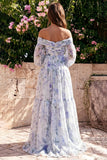 Off the Shoulder Blue Flower Chiffon A-Line Maxi Dress with Long Sleeves
