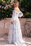Off the Shoulder Blue Flower Chiffon A-Line Maxi Dress with Long Sleeves
