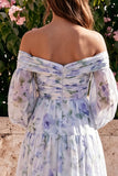 Off the Shoulder Blue Flower Chiffon A-Line Maxi Dress with Long Sleeves
