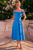 A-Line Blue Off the Shoulder Midi Dress with 3D Flowers