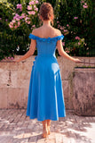 A-Line Blue Off the Shoulder Midi Dress with 3D Flowers