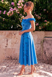 A-Line Blue Off the Shoulder Midi Dress with 3D Flowers