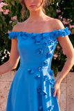 A-Line Blue Off the Shoulder Midi Dress with 3D Flowers