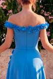 A-Line Blue Off the Shoulder Midi Dress with 3D Flowers
