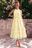 Light Blue Halter Neck A-Line Midi Wedding Guest Dress with 3D Flowers