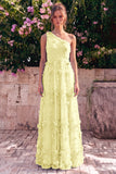 One Shoulder Light Blue A-Line Maxi Dress with 3D Flowers