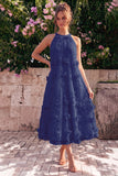Light Blue Halter Neck A-Line Midi Wedding Guest Dress with 3D Flowers