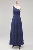 One Shoulder Light Blue A-Line Maxi Dress with 3D Flowers