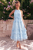 Light Blue Halter Neck A-Line Midi Wedding Guest Dress with 3D Flowers