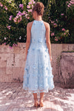 Light Blue Halter Neck A-Line Midi Wedding Guest Dress with 3D Flowers