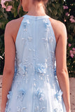 Light Blue Halter Neck A-Line Midi Wedding Guest Dress with 3D Flowers
