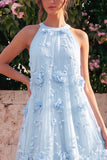 Light Blue Halter Neck A-Line Midi Wedding Guest Dress with 3D Flowers