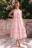 Light Blue Halter Neck A-Line Midi Wedding Guest Dress with 3D Flowers