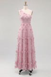 One Shoulder Light Blue A-Line Maxi Dress with 3D Flowers