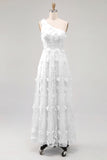 One Shoulder Light Blue A-Line Maxi Dress with 3D Flowers