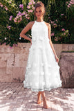 Light Blue Halter Neck A-Line Midi Wedding Guest Dress with 3D Flowers