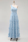 One Shoulder Light Blue A-Line Maxi Dress with 3D Flowers