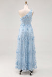 One Shoulder Light Blue A-Line Maxi Dress with 3D Flowers