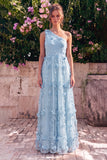 One Shoulder Light Blue A-Line Maxi Dress with 3D Flowers