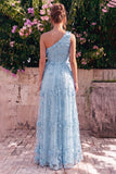 One Shoulder Light Blue A-Line Maxi Dress with 3D Flowers