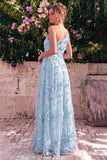 One Shoulder Light Blue A-Line Maxi Dress with 3D Flowers