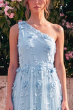 One Shoulder Light Blue A-Line Maxi Dress with 3D Flowers