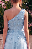 One Shoulder Light Blue A-Line Maxi Dress with 3D Flowers