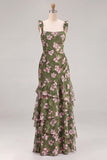 Green Flower A-Line Tiered Chiffon Ruched Thick Straps Long Bridesmaid Dress