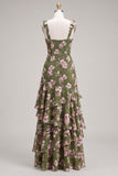 Green Flower A-Line Tiered Chiffon Ruched Thick Straps Long Bridesmaid Dress