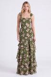 Green Flower A-Line Tiered Chiffon Ruched Thick Straps Long Bridesmaid Dress