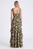 Green Flower A-Line Tiered Chiffon Ruched Thick Straps Long Bridesmaid Dress