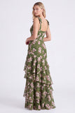 Green Flower A-Line Tiered Chiffon Ruched Thick Straps Long Bridesmaid Dress