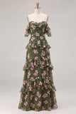 Off the Shoulder Green Flower A-Line Tiered Chiffon Ruffled Long Bridesmaid Dress