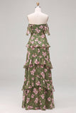 Off the Shoulder Green Flower A-Line Tiered Chiffon Ruffled Long Bridesmaid Dress