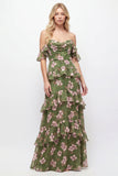 Off the Shoulder Green Flower A-Line Tiered Chiffon Ruffled Long Bridesmaid Dress