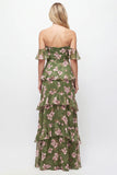 Off the Shoulder Green Flower A-Line Tiered Chiffon Ruffled Long Bridesmaid Dress