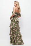 Off the Shoulder Green Flower A-Line Tiered Chiffon Ruffled Long Bridesmaid Dress