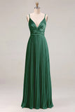 Sage A-Line Pleated Spaghetti Straps Ruched Bridesmaid Dress