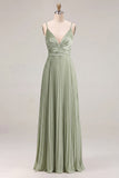 Sage A-Line Pleated Spaghetti Straps Ruched Bridesmaid Dress