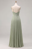 Sage A-Line Pleated Spaghetti Straps Ruched Bridesmaid Dress
