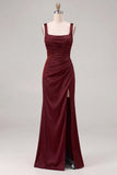 Espresso Satin Mermaid Square Neck Ruched Bridesmaid Dress with Slit