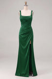 Espresso Satin Mermaid Square Neck Ruched Bridesmaid Dress with Slit