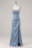 Espresso Satin Mermaid Square Neck Ruched Bridesmaid Dress with Slit