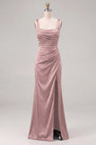 Espresso Satin Mermaid Square Neck Ruched Bridesmaid Dress with Slit