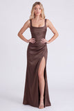 Espresso Satin Mermaid Square Neck Ruched Bridesmaid Dress with Slit