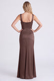 Espresso Satin Mermaid Square Neck Ruched Bridesmaid Dress with Slit